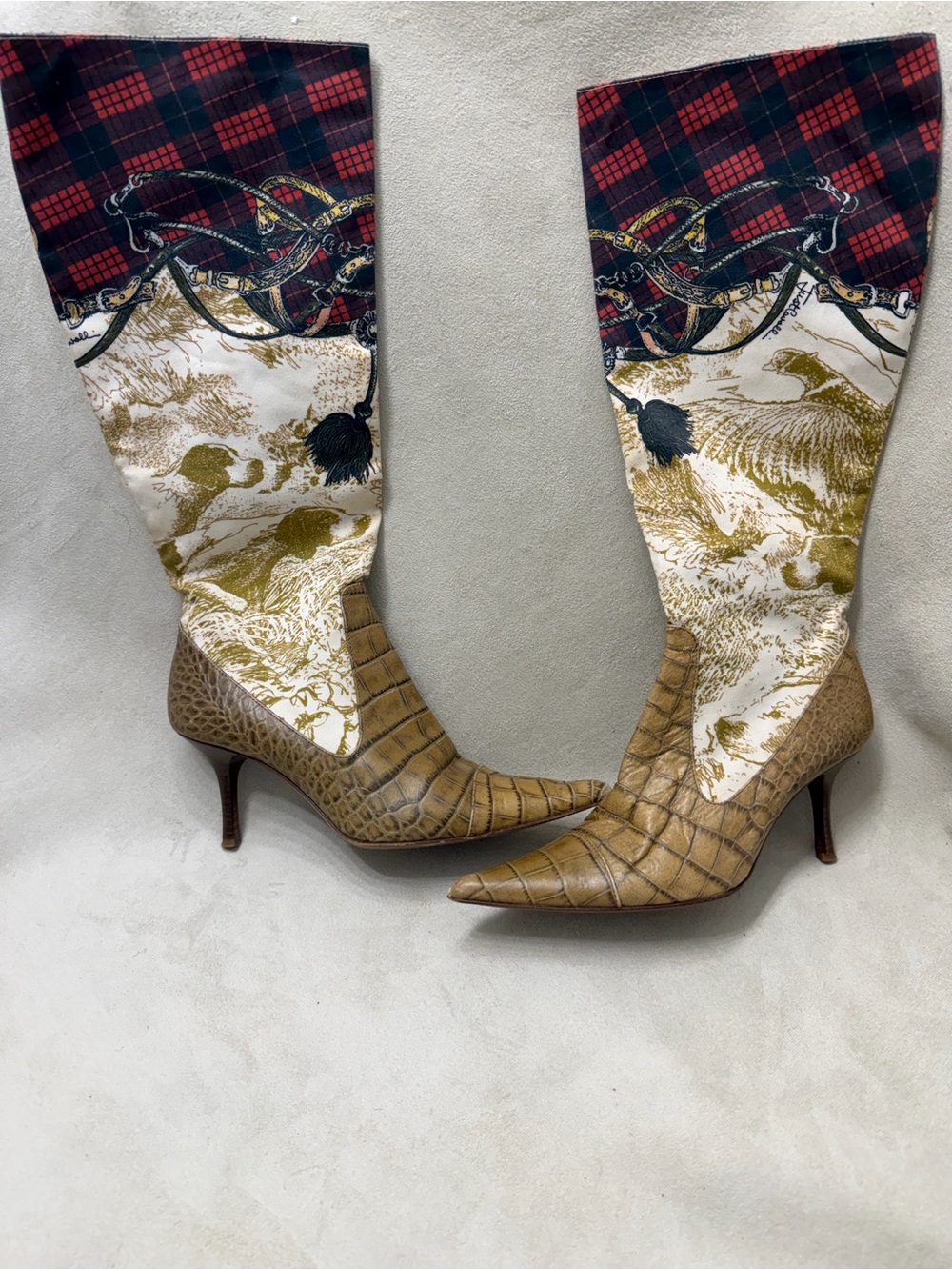 Just Cavalli Croc-Embossed Tan Pointed Toe Ankle Boots with Patterned Shaft